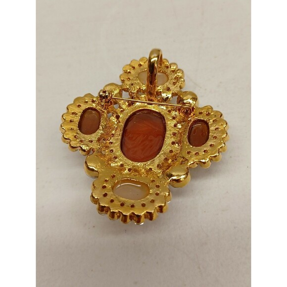 Butterscotch Amber Cream Lucite Cabochon Multicolor Rhinestone Brooch Pendant - Picture 2 of 8